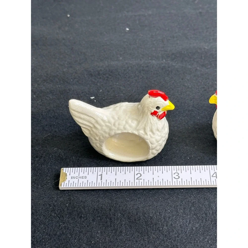 Vintage Ceramic Chicken Napkin Rings Pair White Farmhouse Hen Country Decor
